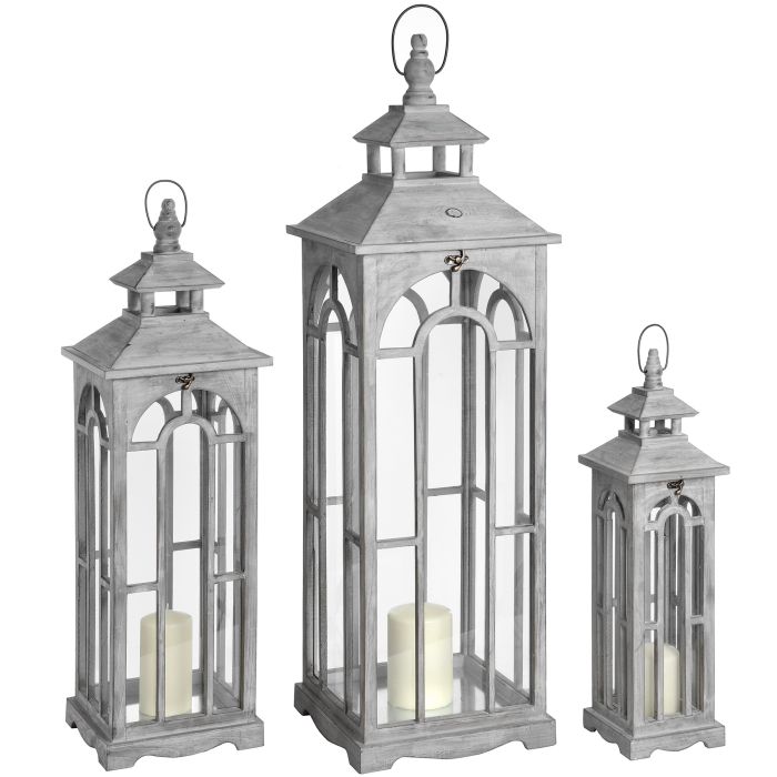 Set Of Three Wooden Hurricane Lanterns With Archway Design