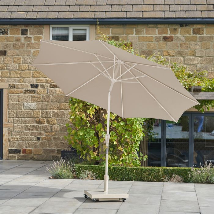 Platinum Riva 300cm Round Champagne Parasol. Sandstone Frame