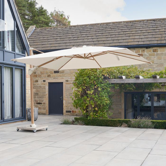 Platinum Challenger Premium T2 Cantilever Parasol 350x260x264cm. Wood Look Aluminium Frame. Champagne Canopy 