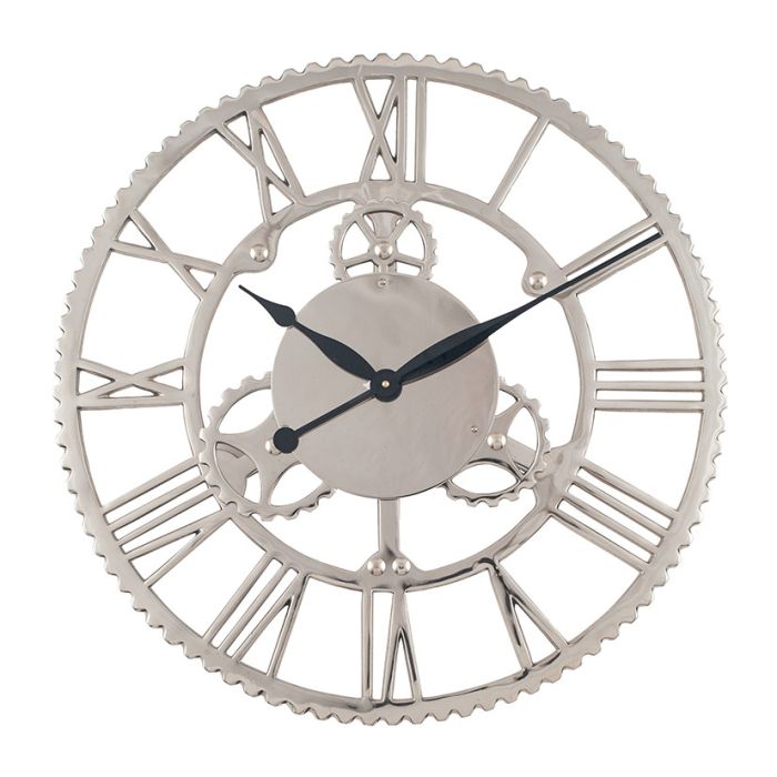 Shiny Nickel Cog Design Round Wall Clock Large