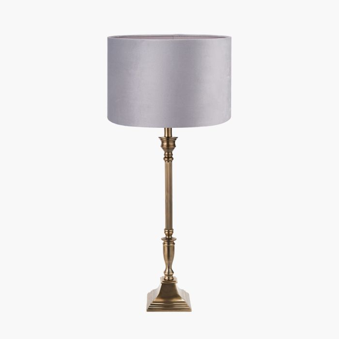 Canterbury Antique Brass Metal Table Lamp Base with Rene 35cm Light Grey Velvet Cylinder Lampshade