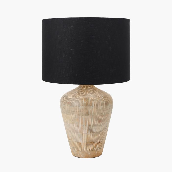 Taika White Wash Textured Wood Table Lamp Base with Lino 40cm Black Self Lined Linen Cylinder Lampshade