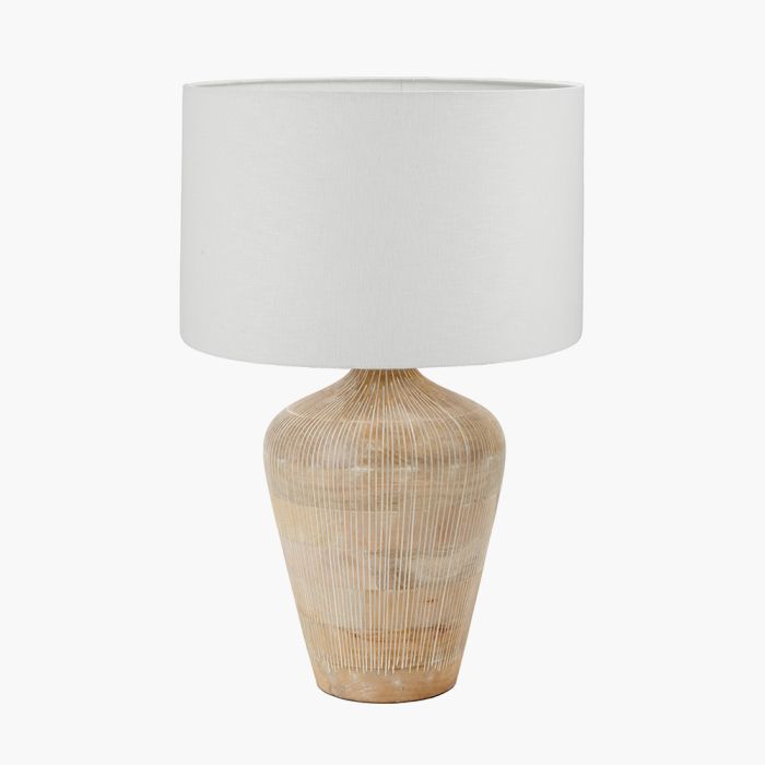 Taika White Wash Textured Wood Table Lamp Base with Lino 40cm White Self Lined Linen Cylinder Lampshade