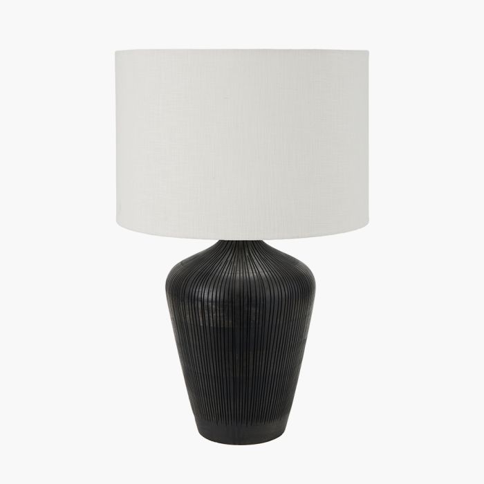 Taika Antique Black Textured Wood Table Lamp Base with Lino 40cm White Self Lined Linen Cylinder Lampshade