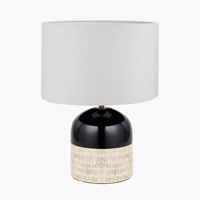 Lotta Black and Natural Stoneware Table Lamp Base with Lino 35cm White Self Lined Linen Cylinder Lampshade