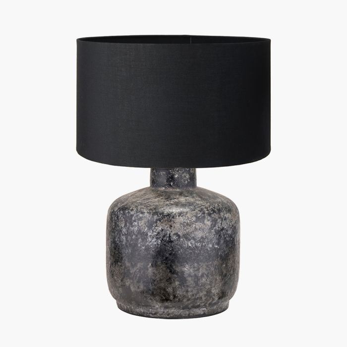 Vulcan Textured Volcanic Effect Grey Small Stoneware Table Lamp Base with Harry 30cm Black Cotton Mix Cylinder Lampshade