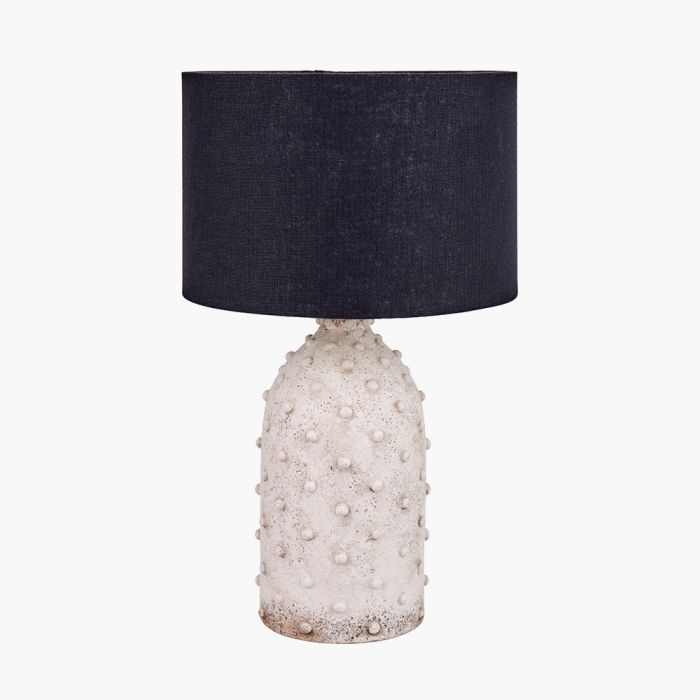 Kali Textured Dot Light Grey Stoneware Table Lamp Base with Lino 30cm Black Self Lined Linen Drum Shade