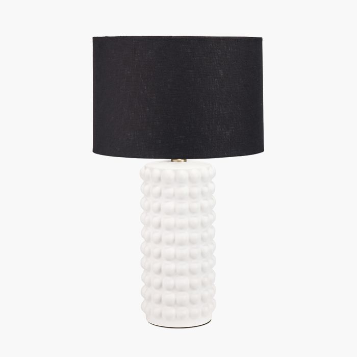 Sohan White Bobbled Ceramic Tall Table Lamp Base with Lino 40cm Black Self Lined Linen Cylinder Lampshade
