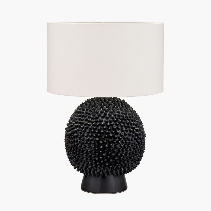 Wrenley Black Ceramic Sea Urchin Table Lamp Base with Henry 35cm White Handloom Cylinder Lampshade