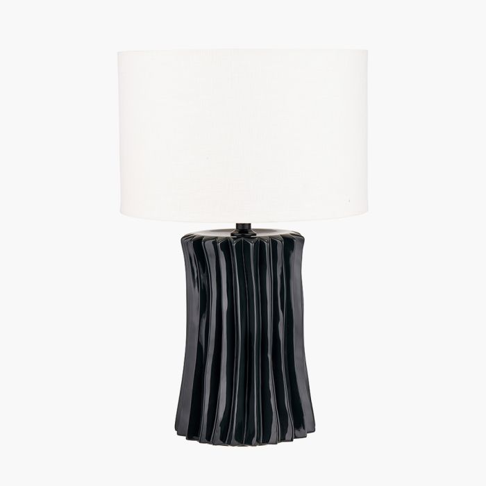 Devony Black Pleated Ceramic Table Lamp Base with Lino 35cm White Self Lined Linen Cylinder Lampshade