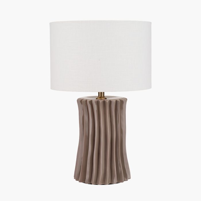 Devony Taupe Pleated Ceramic Table Lamp Base with Lino 35cm White Self Lined Linen Cylinder Lampshade