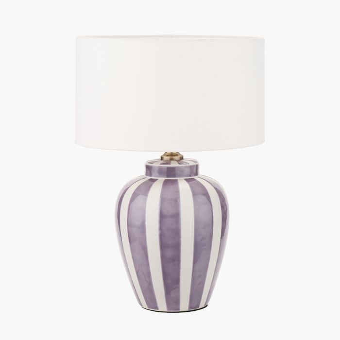 Priscilla Lilac Stripped Ceramic Table Lamp Base with Henry 30cm White Handloom Cylinder Lampshade