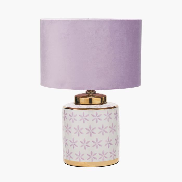 Thea Lilac and Gold Leaf Ceramic Table Lamp Base with Rene 35cm Blush Velvet Cylinder Shade