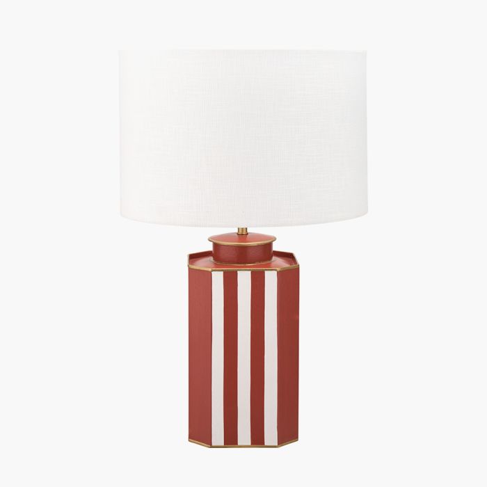 Raya Cinnamon and White Hand Painted Metal Table Lamp Base with Lino 40cm White Self Lined Linen Cylinder Lampshade