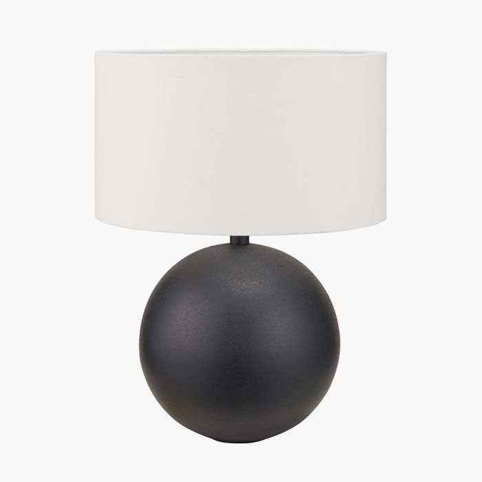 Benio Matt Black Metal Spherical Table Lamp Base with Henry 35cm White Handloom Cylinder Lampshade