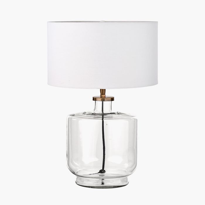 Josie Clear Glass and Antique Brass Metal Table Lamp Base with Coast 35cm Cream Calico Tapered Lampshade
