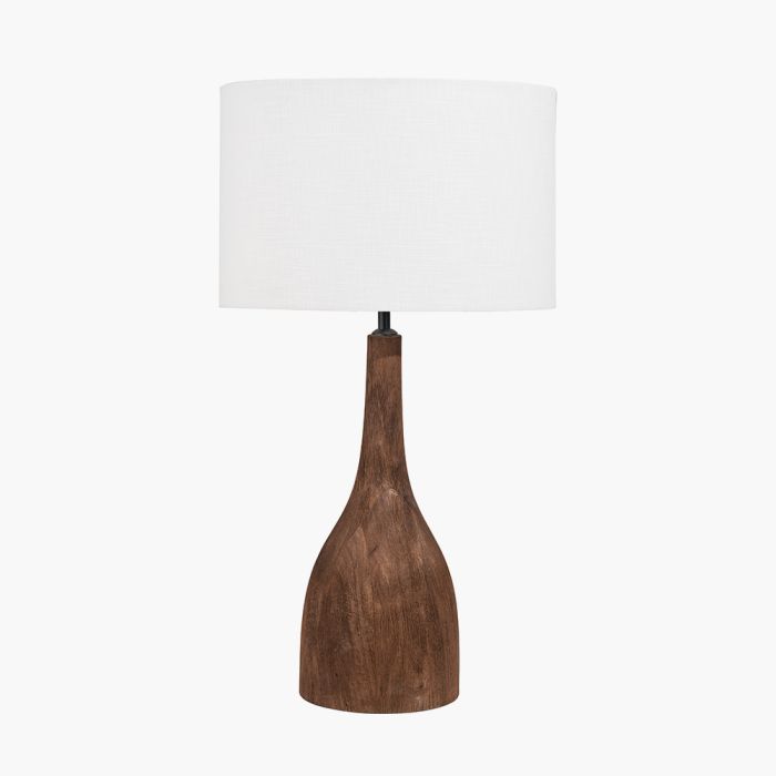 Corella Chocolate Brown Mango Wood Curved Table Lamp Base with Lino 40cm White Self Lined Linen Cylinder Lampshade
