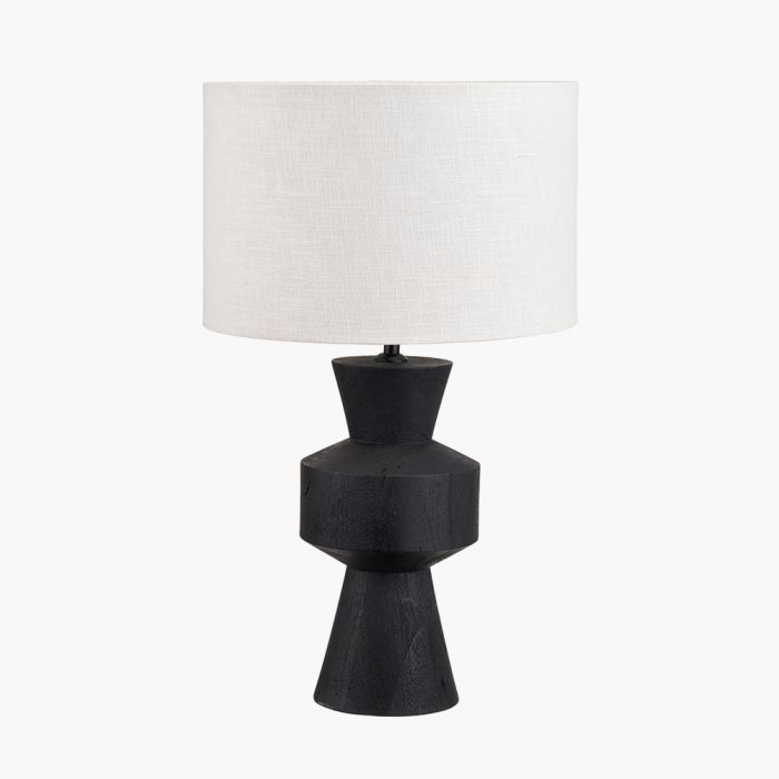 Koa Black Mango Wood Contemporary Table Lamp Base with Lino 35cm White Self Lined Linen Cylinder Lampshade