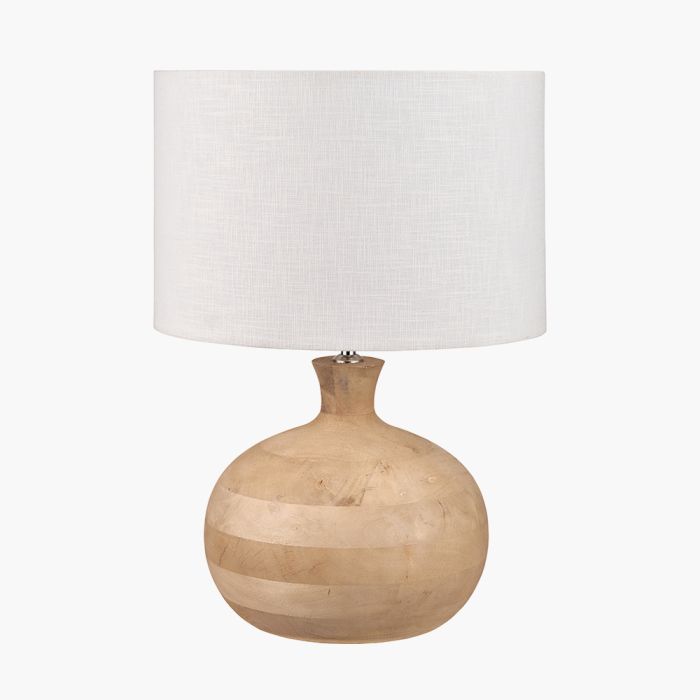 Kiah Natural Mango Wood Round Table Lamp Base with Lino 40cm White Self Lined Linen Cylinder Lampshade