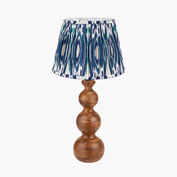 Nyari Brown Oiled Finish Mango Wood 3 Ball Design Table Lamp Base with Izara 40cm Ocean Blue Ikat Patterned Mushroom Pleat Tapered Lampshade