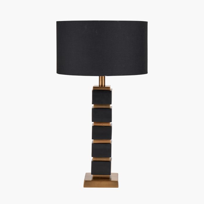 Maximo Matt Black and Antique Brass Cube Design Table Lamp Base with Harry 35cm Black Cotton Mix Cylinder Lampshade