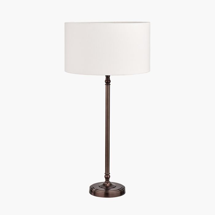 Piero Antique Bronze Metal Candlestick Table Lamp Base with Henry 35cm White Handloom Cylinder Lampshade