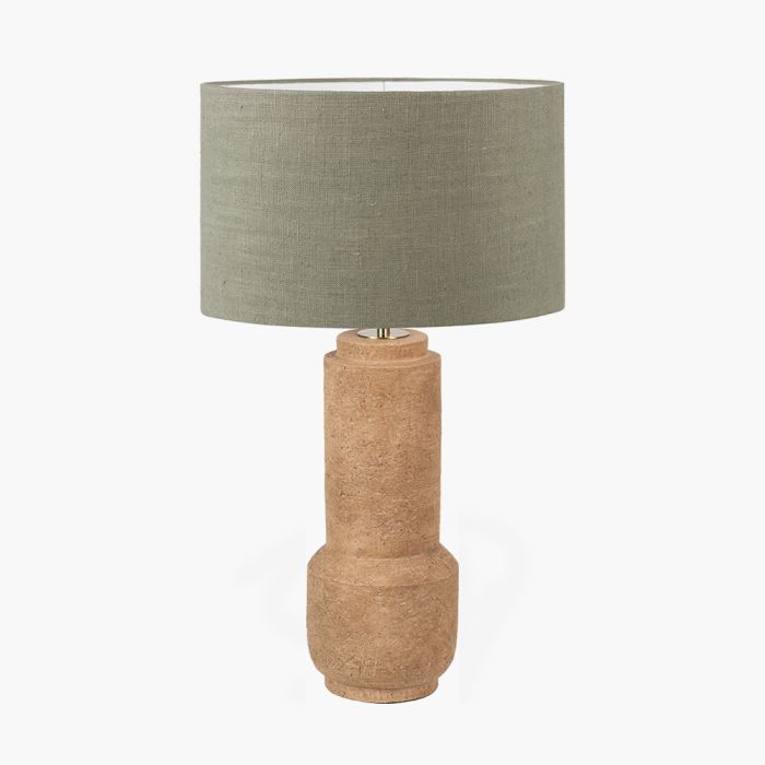 Gaiana Concrete Brown Stoneware Table Lamp Base with Edward 35cm Pistachio Green Linen Cylinder Lampshade