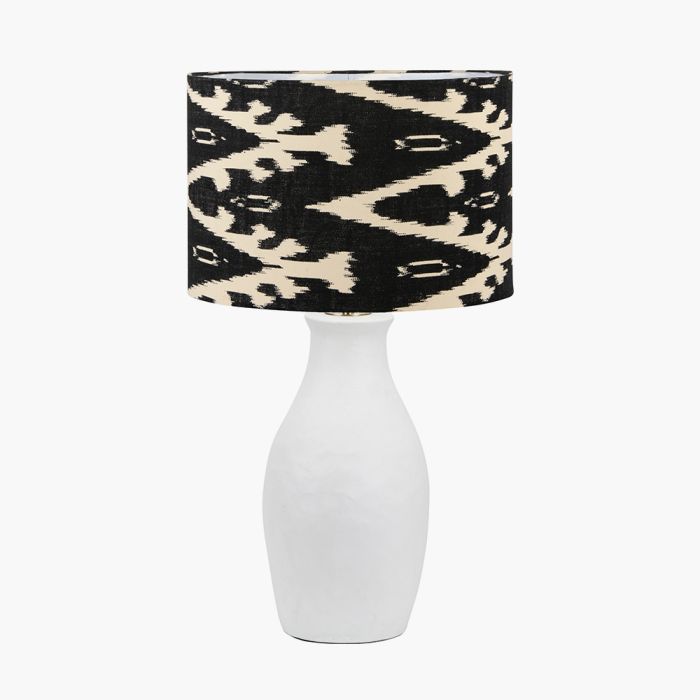 Eirene White Textured Stoneware Table Lamp Base with Lars 40cm Black Ikat Patterned Cylinder Lampshade