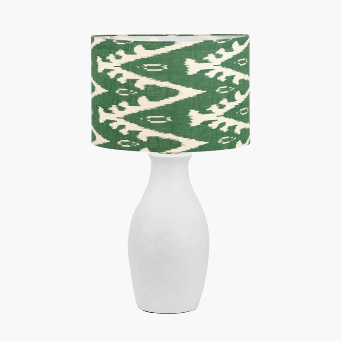 Eirene White Textured Stoneware Table Lamp Base with Lars 40cm Racing Green Ikat Patterned Cylinder Lampshade