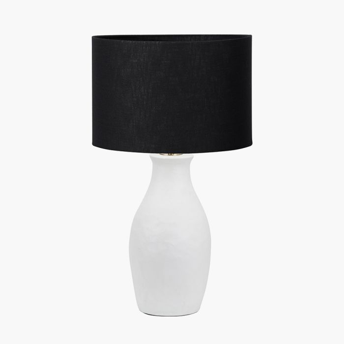 Eirene White Textured Stoneware Table Lamp Base with Lino 40cm Black Self Lined Linen Cylinder Lampshade
