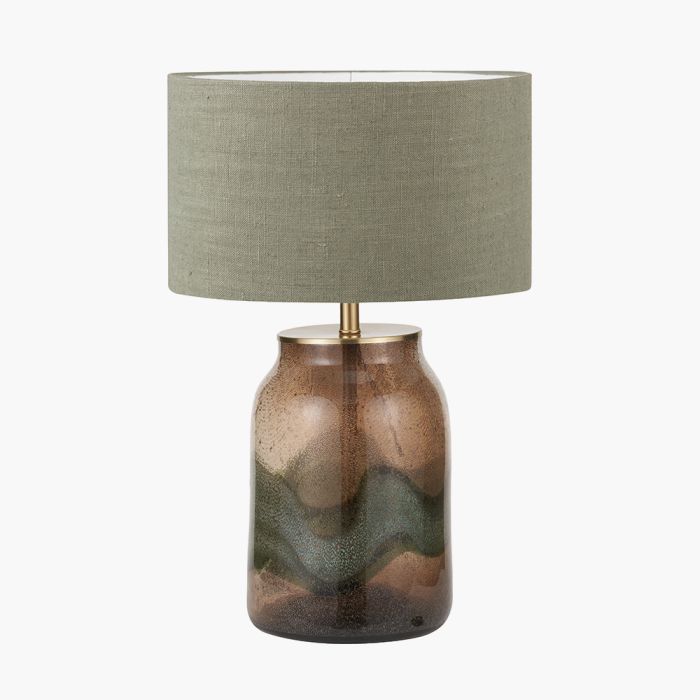 Valtellina Brown and Green Glass Table Lamp Base with Edward 35cm Pistachio Green Linen Cylinder Lampshade