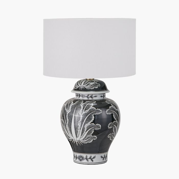 Asteria Black and White Feather Ceramic Urn Table Lamp Base with Henry 40cm White Handloom Cylinder Lampshade