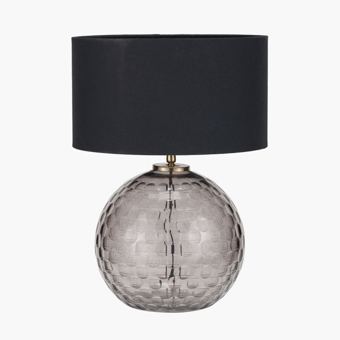 Camille Smoke Grey Circle Design Handcut Glass Table Lamp Base with Harry 30cm Black Cotton Mix Cylinder Lampshade