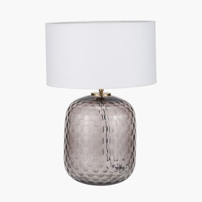 Camille Large Smoke Grey Circle Design Handcut Glass Table Lamp Base with Harry 35cm Ivory Cotton Mix Cylinder Lampshade