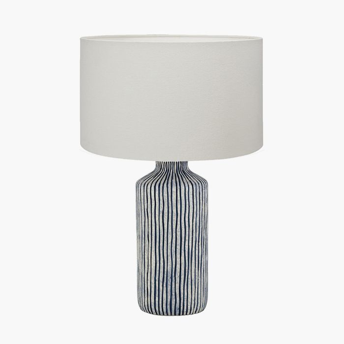 Bude Blue and White Stripe Stoneware Table Lamp Base with Henry 40cm White Handloom Cylinder Lampshade