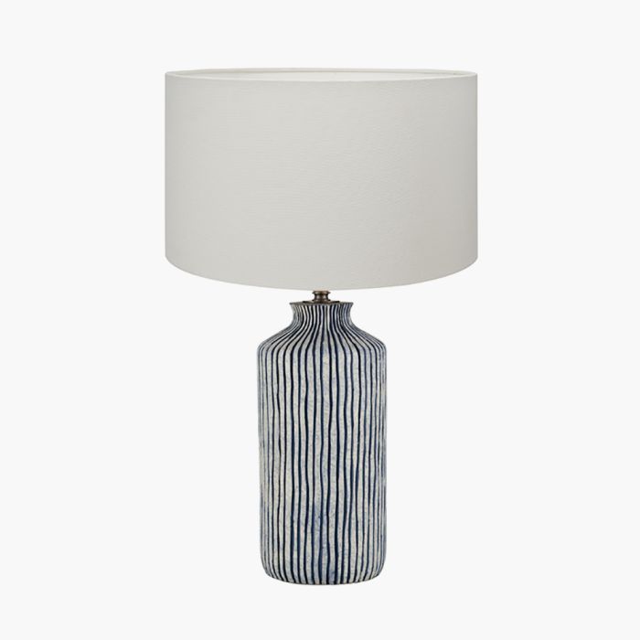 Bude Blue and White Stripe Stoneware Table Lamp with Henry 40cm White Handloom Cylinder Shade 