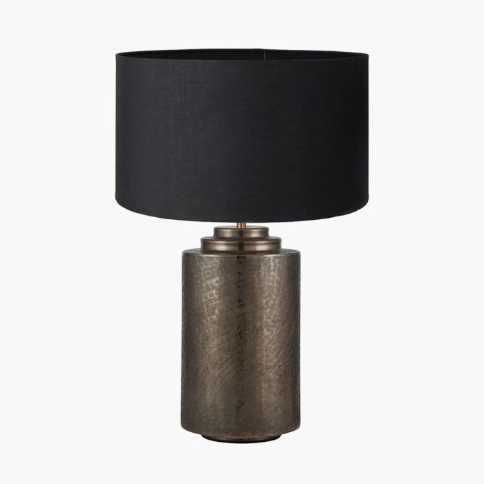 Zuri Large Antique Brass Metal Pot Table Lamp Base with Harry 45cm Black Cotton Mix Cylinder Lampshade