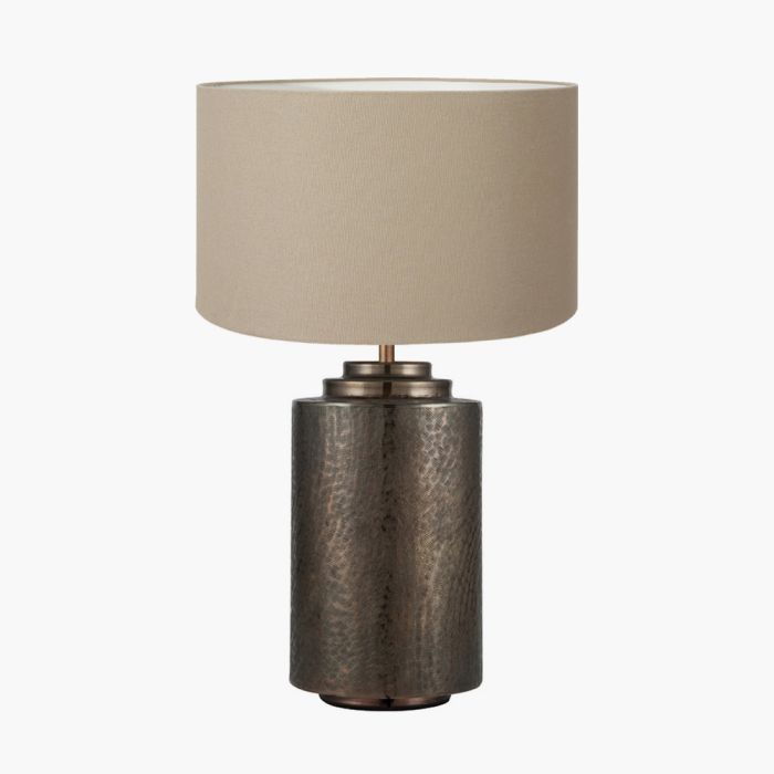 Zuri Large Antique Brass Metal Pot Table Lamp Base with Henry 45cm Taupe Handloom Cylinder Lampshade