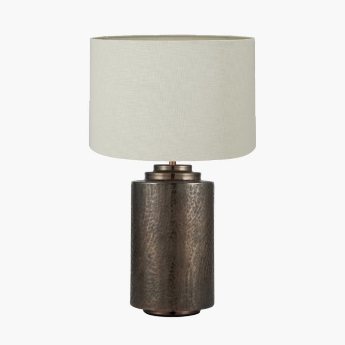 Zuri Large Antique Brass Metal Pot Table Lamp Base with Lino 45cm Cream Self Lined Linen Cylinder Lampshade