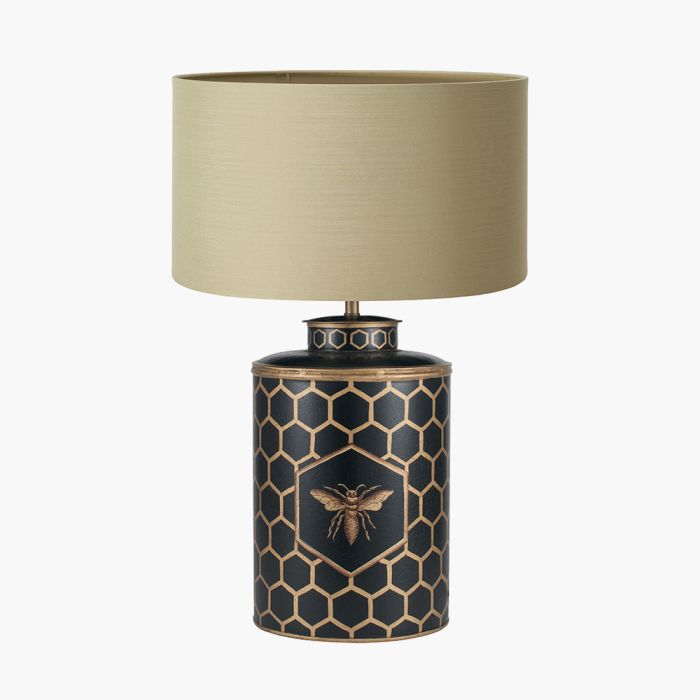 Black Honeycomb Hand Painted Metal Table Lamp Base with Harry 45cm Taupe Cotton Mix Cylinder Lampshade