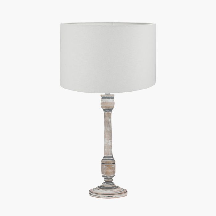 Captiva Grey Wash Mango Wood Table Lamp Base with Lino 35cm White Self Lined Linen Cylinder Lampshade