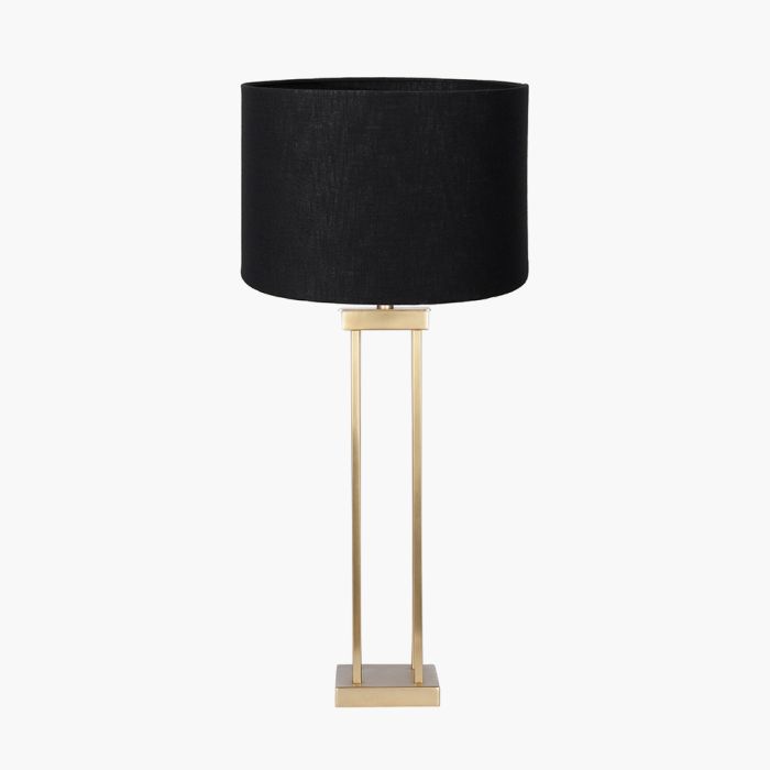 Langston Satin Brass Metal Column Table Lamp Base with Lino 40cm Black Self Lined Linen Cylinder Lampshade