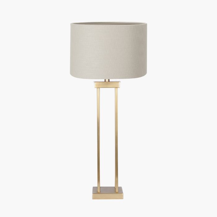 Langston Satin Brass Metal Column Table Lamp Base with Lino 40cm Grey Self Lined Linen Cylinder Lampshade