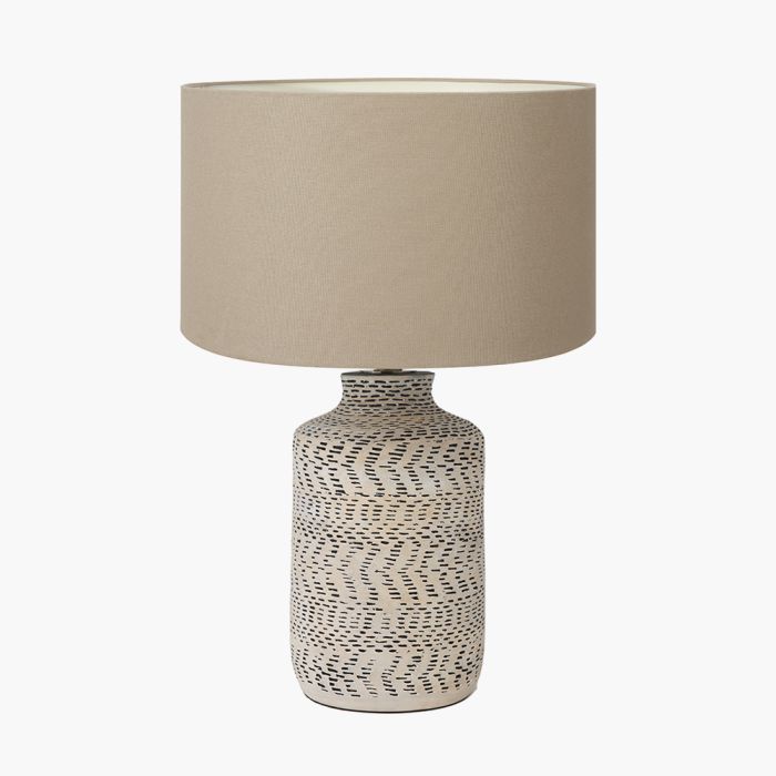 Atouk Textured Natural and Black Stoneware Table Lamp Base with Henry 35cm Taupe Handloom Cylinder Lampshade