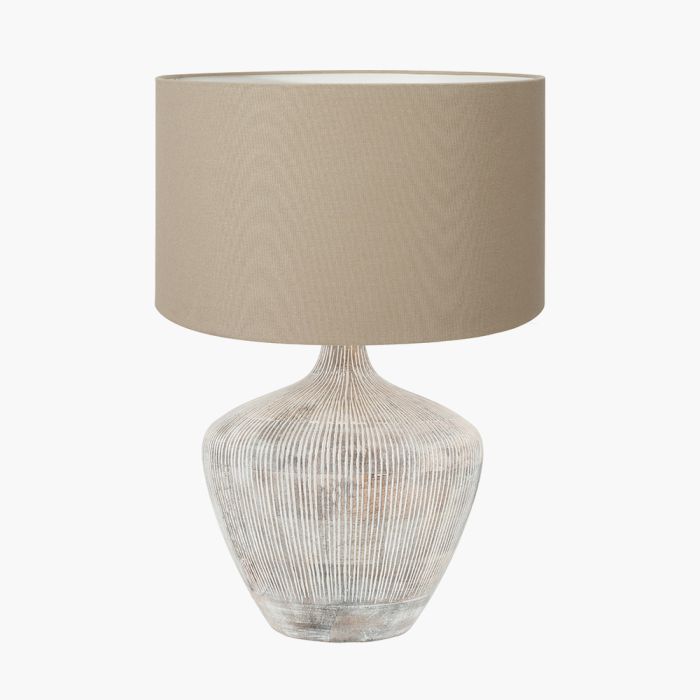 Manaia White Wash Textured Wood Table Lamp Base with Henry 35cm Taupe Handloom Cylinder Lampshade