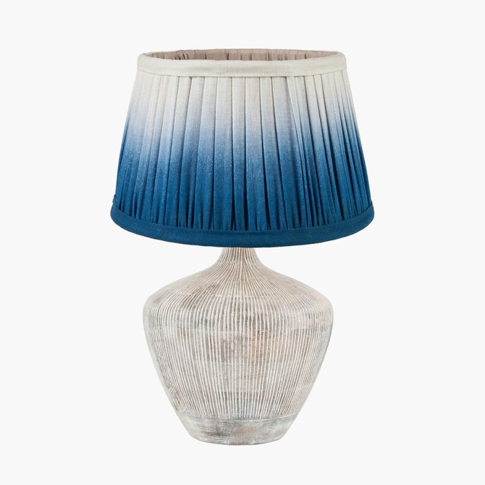 Manaia White Wash Textured Wood Table Lamp Base with Scallop 35cm Blue Ombre Soft Pleated Tapered Lampshade