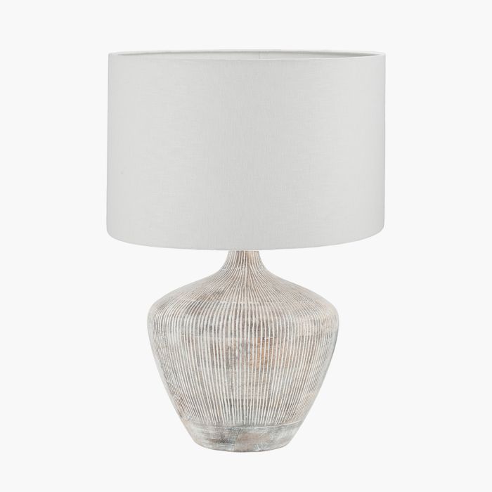 Manaia White Wash Textured Wood Table Lamp Base with Lino 35cm White Self Lined Linen Cylinder Lampshade