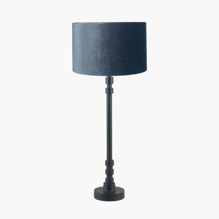 Rhode Matt Black Stick Metal Table Lamp Base with Bow 30cm Slate Velvet Cylinder Lampshade