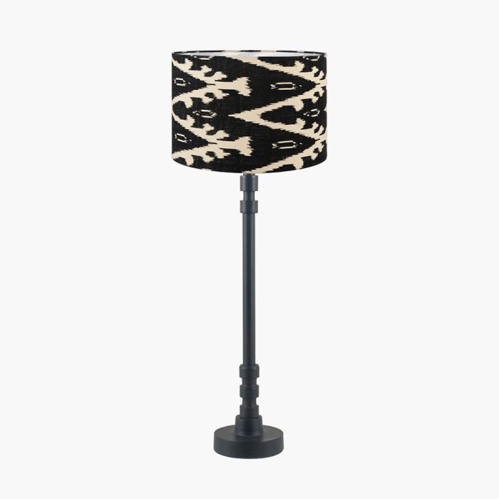 Rhode Matt Black Stick Metal Table Lamp Base with Lars 30cm Black Ikat Patterned Cylinder Lampshade