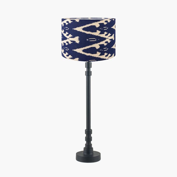 Rhode Matt Black Stick Metal Table Lamp Base with Lars 30cm Ocean Blue Ikat Patterned Cylinder Lampshade